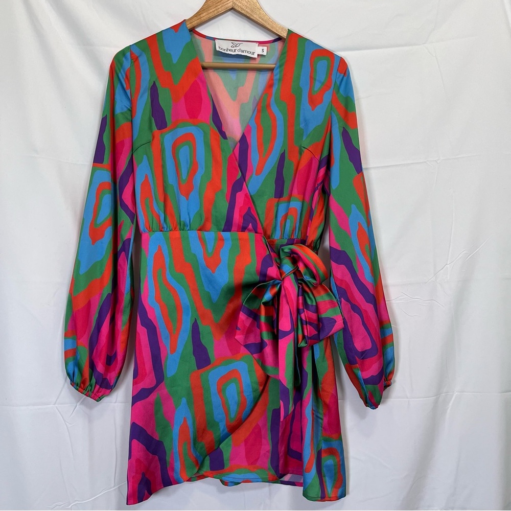 Bonheur D'Amour Women’s S Multicolor Abstract Wrap‎ Mini Dress Waist Tie